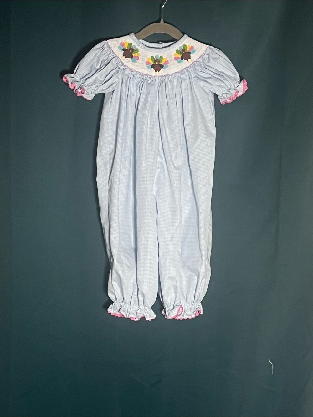 Light Blue Smocked Kids Romper with Turkey Trimmed color